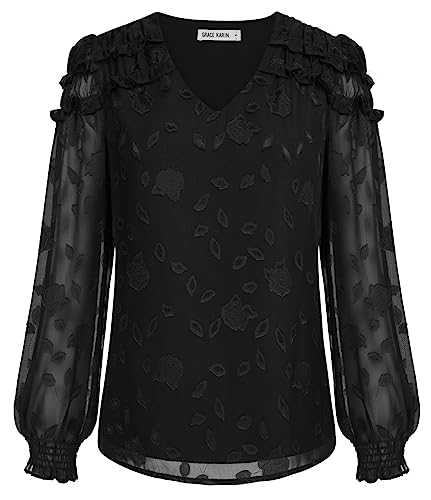 GRACE KARIN Women Flattering Transparent Long Sleeve Tops Classy Delicate Floral Embroidery V-Neck Blouse