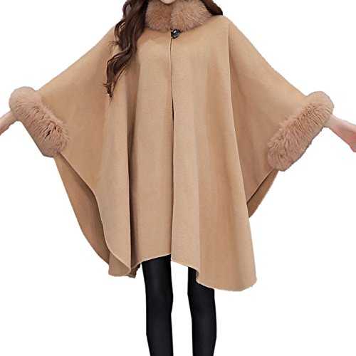 WSLCN Vintage Cape Poncho Coat Faux Fur Cloak Womens Coat Bat Sleeve Thick Cardigan Wool Blend Trim Shawl Wrap Buckle Collar Outwear Stylish Jacket Winter