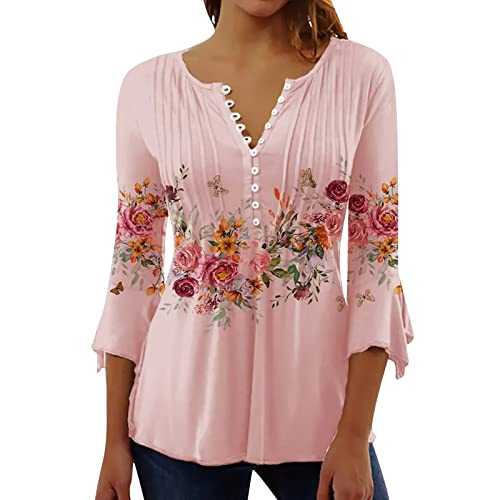 Women's Long Sleeve Tops Womens Fashion Casual Floral Print V Neck Short Sleeve Pressed Button T Shirt Base Layer Shirt Gym Tops for Women UK Promotions German Fancy Dress Women