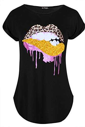 Fashion Star Women Printed Turn Up Sleeve Curved Hem T Shirt