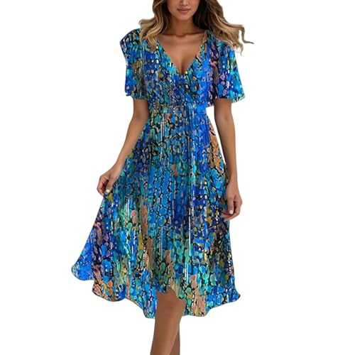Summer Dresses for Women UK Elegant Ladies Short Sleeve V-Neck Long Dress Midi Floral Boho Causal Beach Swing Shirtdresses Festival Outfit Plus Size with Pockets Clothes