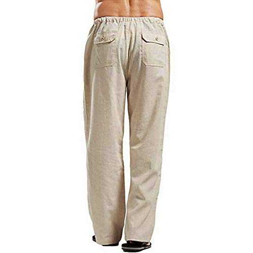 Mens Casual Cotton Linen Trousers Elastic Waist Drawstring Yoga Pants Loose Fit Straight-Legs Stretchy Summer Beach Pants Baggy Lounge Long Pant