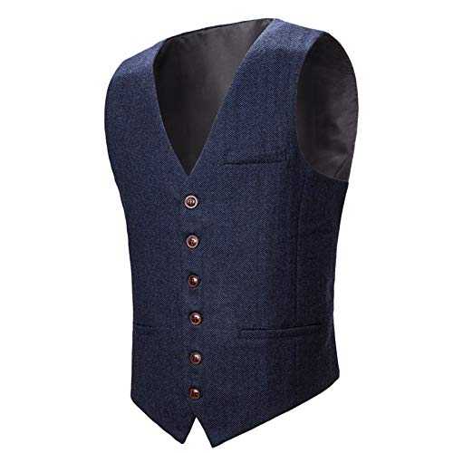 BOTVELA Men's Slim Fit Herringbone Tweed Waistcoat Full Back Wool Blend Suit Vest