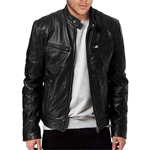 Szshaoye Men's Casual Leather Jackets Stand Collar Bomber Jackets Vintage Leather Biker Jacket Men Retro Distressed Soft Faux Leather Coats