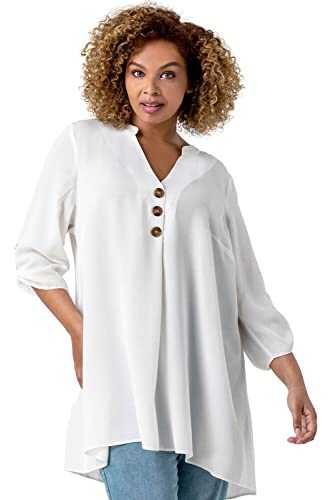 Roman Curve Button Detail Tunic Top for Women UK - Ladies Spring Everyday Summer Holiday Notch Neckline Comfy 3/4 Sleeve Soft Relaxed Fit Shirt Vacation Blouses