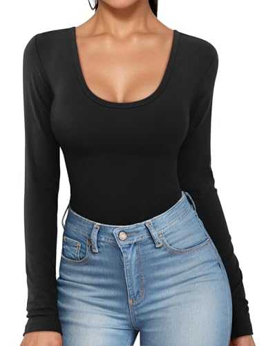 Amoretu Women's Long Sleeve Tops U Neck Low Cut Slim Fit Basic Casual T Shirts Blouse