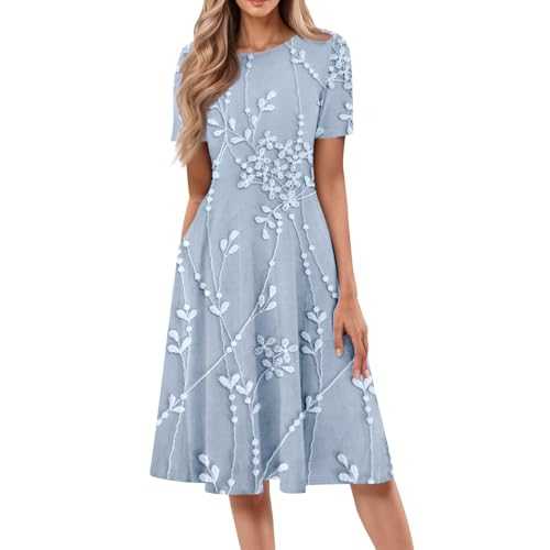 Ladies Loose Fit Spring/Summer Dresses with Pocket Fashion Printed Round Neck Party Dress Casual Solid Color Short Sleeve Maxi Dress Elegant Evening Pleated Hem Waist Bodycon Dresses for Vacation