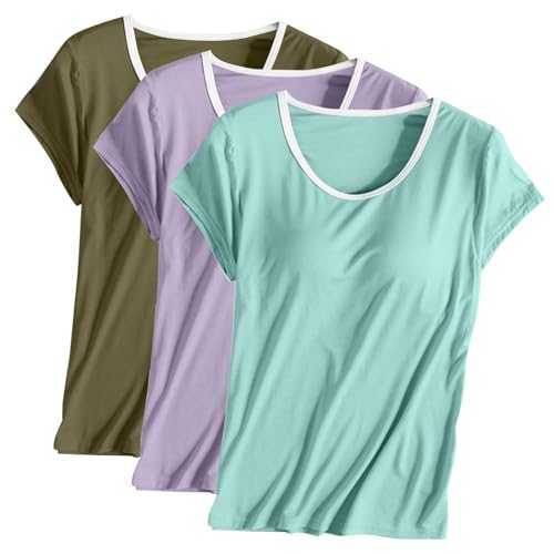 3PC Womens T Shirts Summer Tops Short Sleeve T-Shirt with Built in Bra Basic Padded Tee Tops Casual Solid Color Scoop Neck Undershirt Super Soft Modal Blouse for Daily Wear