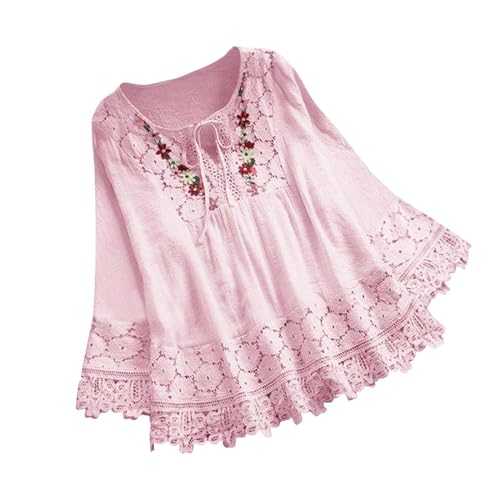Tops for Women UK Elegant Embroidery Crochet Lace Trim Tunic T Shirt Blouse 3/4 Flared Sleeve Floaty Tee Shirts V-Neck Party Evening Wedding Going Out Dressy Pullover