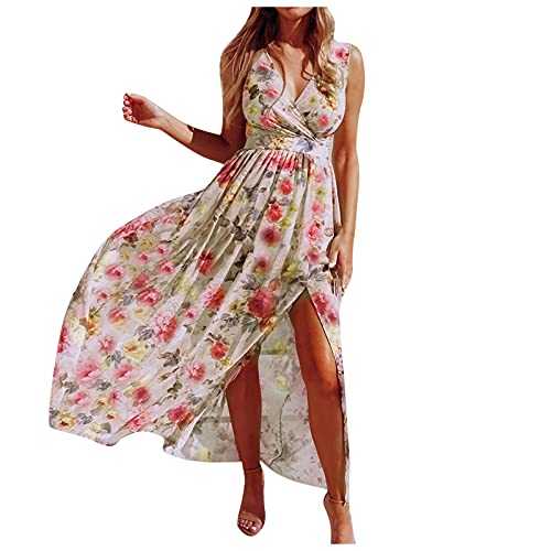 Wedding Guest Dresses for Women UK Hawaiian Fancy Dress Summer Dresses Sleeveless Floral Boho Style Maxi Sundress Deep V Neck Prom Evening Dress
