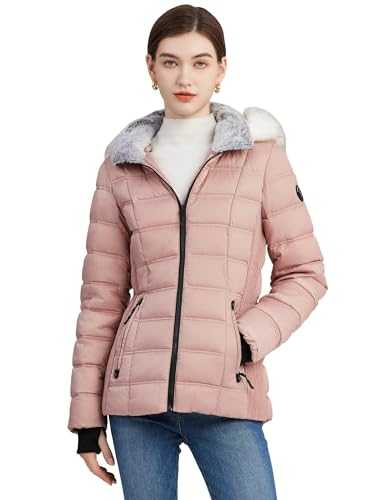 SLOWTOWN Women's Puffer Jacket Warm Hooded Winter Puffy Jacket with Faux-Fur Trim and Collar