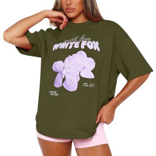 Oversized T Shirts for Women Summer Tunic Tops Short Sleeve Floral Blouses Letter Graphic Aesthetic Tshirt Crew Neck T Shirt Y2K Baggy Tshirts Baseball Shirts Loose Casual Blouses