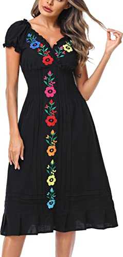 YZXDORWJ Women Mexican Embroidered Casual Dress Summer Ruffle V Neck Short Sleeves