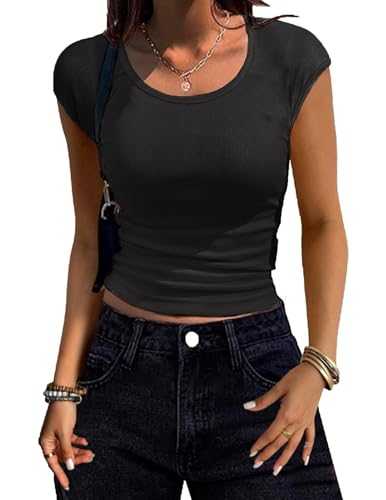 Women Shirts Crew Neck Ribbed Slim Fitted Side Ruched Basic Tops for Woman Cap Sleeve Summer Casual T Shirts