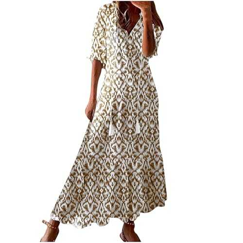 KUIH Summer Dresses for Women UK Plus Size Short Sleeve Boho Maxi Dresses Floral Print Long Dress A Line V Neck Dress Ladies Chiffon Dress Beach Tunic Dress Vacation Holiday Clothes
