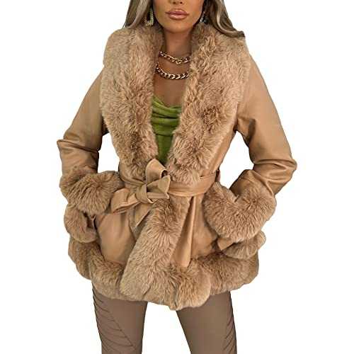 FeMereina Women's Faux Leather Jacket Coat Short Parka Coat with Fur Collar Open Front Plush Collar Warm Cardigan with Belt Outwear