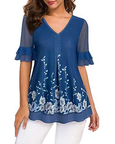 VALOLIA Women's Short Sleeve Tunic Tops Casual Loose Fit Floral Blouses Mesh Pleated Layered Shirt