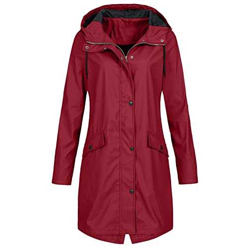 AZISEN Rain Jackets for Women, Women Waterproof Rain Coats Women Solid Color Hooded Jackets with Pockets Zip Button Windbreaker Jacket Windproof Coat Women's Blazer Jackets Spring Outdoor Raincoats