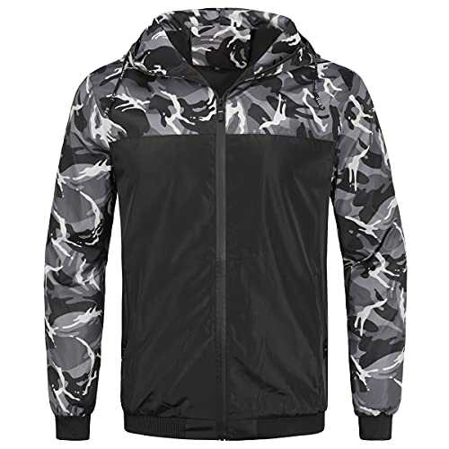 YOUTHUP Mens Camo Bomber Jacket with Hood Lightweight Summer Sports Jacket Camouflage Stitching Outwear