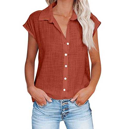 RLEHJN Women's Blouses & Shirts Clearance Button Down Cotton Linen Shirts Short Sleeve Tunic Tops V Neck Collared Shirts Casual Work Elegant Blouse Loose Shirt Tops Ladies Dressy Tops Size 8-16