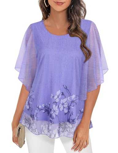 Syphiby Womens Blouses Ruffle 3/4 Sleeve Mesh Ladies Tops Chiffon Double-Layered Tunic Tops Loose Flowy Shirts