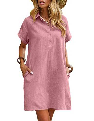 Zeagoo Women's Summer Linen Dress Casual Midi Dress Short Sleeve Beach Dress Tunic Dress with Pockets