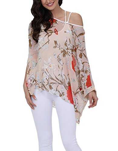Vanbuy Women Summer Floral Printed Shirt Batwing Sleeve Top Chiffon Poncho Casual Loose Blouse