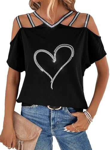 GORGLITTER Women's Off Shoulder Top T Shirt Rhinestone Heart Print V Neck Short Sleeve Summer Tunic Tee Tops