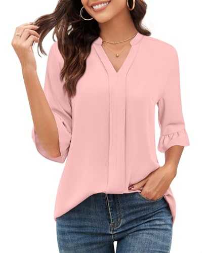 Anyhold Women's Fashion Spring Summer Tops 2024 Dressy Blouse Chiffon V Neck Shirts Casual Ruffle Sleeve Work Pleated Top