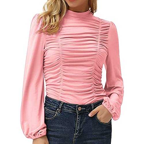 Fashion Slim Lantern Women's Top Blouse Round Pleated Sleeves Neck Solid Women's Blouse Glitter Top
