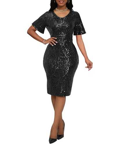 VERWIN Sequins Bodycon Dress V-Neck Midi Dress Long Sleeve Prom Dress Party Cocktail Dress