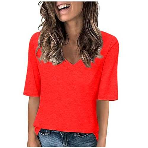 Clazshciyㅤ T Shirts for Women UK Loose Casual V Neck Ladies Tops Solid Color Half Sleeve Ladies Tops Stretch Cotton Dressy Plain Blouses & Shirts Elegant Soft Wear for Office Lounge