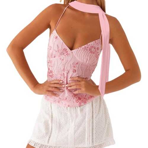 RUIWANBBY Women Y2K Sequin Beaded Halter V Neck Sleeveless Cross Straps Back Crop Tops with Scarf Summer Going Out Streetwear