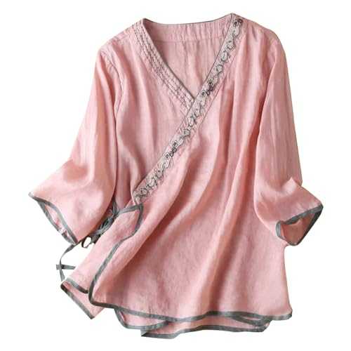 3/4 Sleeve Tops for Women UK Cotton Linen Tee Tops Embroidery Shirt Women Vintage Cheongsam Top Hanfu Chinese Traditional Tang Suit Zen Tea Button Up Blouses Ladies Elegant Oversized Shirts