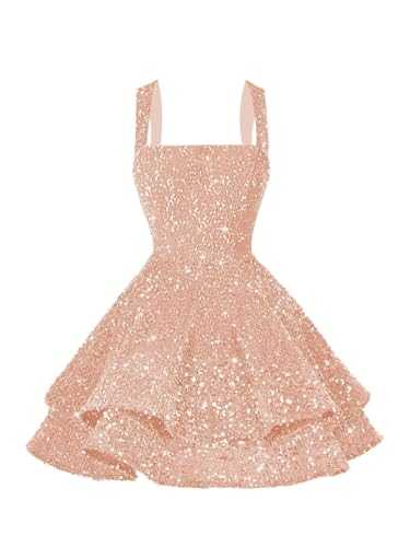 Women's Short Scoop Neck Sequin Homecoming Dresses Sparkly Sweet 16 Photo Tiered Short Cocktail Party Gown DE237