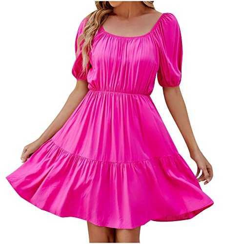 Evening Dresses for Women UK Summer Women's New Square Neck Dress Puff Short Sleeve Solid Fashion Dress Sale Christmas Clearance Formal Dresses for Women 50s Dress UK Size S-5xl