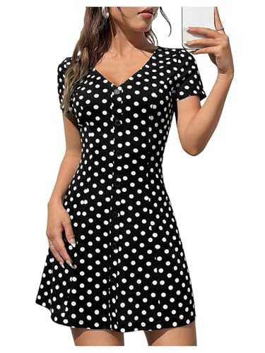 GORGLITTER Women's Polka Dots V Neck A Line Flared Dresses Button Front Short Sleeve Mini Vintage Dress