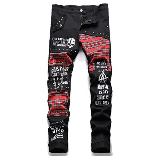 Jeans Mens Jeans Skull Plaid Patchwork Hip Hop Denim Pants Rivet Men Clothing Streetwear Slim Fit Jeans Long Trousers Punk