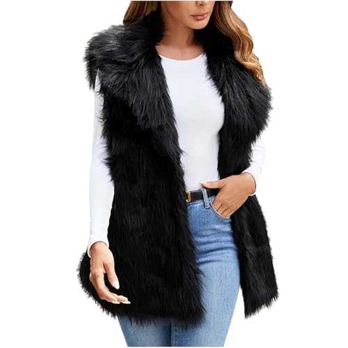 Mrat Faux Fur Gilet Women UK Lightweight Body Warmer Overcoat Ladies Elegant Solid Jacket Soft Furry Waistcoats Winter Thermal Vest Casual Sleeveless Fuzzy Gilet Coats Loose Comfy Cardigan Outwear