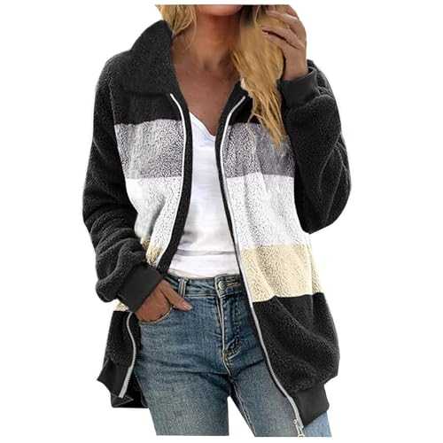 Women's Fleece Jacket Plush Soft Womens Coat Solid Color Jacket For Women Lapel Neck Thermal Jackets For Women Zip Up Women Jacket Winter With Pockets Teddy Jacket Long Sleeve Outwear