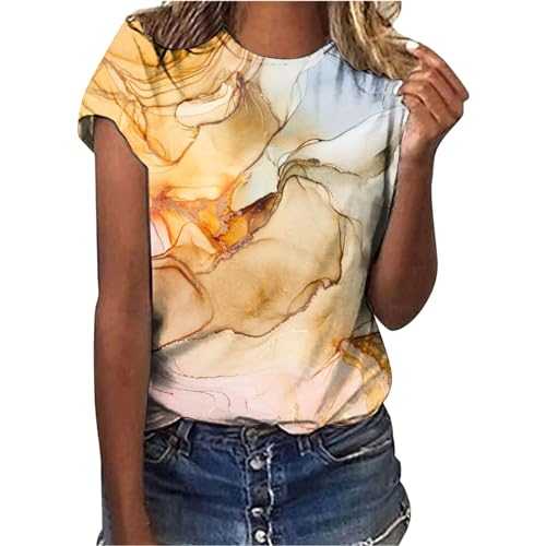 HOOUDO Women Short Sleeve Round Neck Tunic Tops Comfy Print T Shirts Oversized Loose Fit Shirt Chiffon Comfortable Clothes for Daily