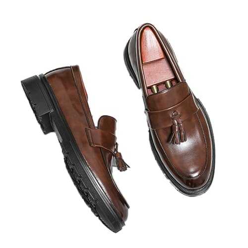 Men's PU Leather Tassel Slip on Loafers Round Toe Penny Flats Low Block Heel Business Work Office Shoes