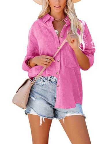 Paintcolors Women's Button Up Shirts Cotton Short Sleeve Blouses V Neck Casual Tunics Solid Color Tops
