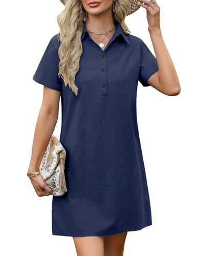 Women's Summer Dresses Casual T Shirt Dress Short Sleeve Elegant Tunic Dress Loose Plus Size Solid Color Cotton Short Dress with Pockets