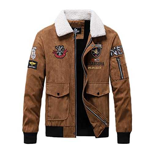 YuanDiann Mens Embroidery Aviator Jacket Lapel Velvet Lining Autumn Winter Casual Warm Bomber Jacket Military Style Flight Blouson Coats