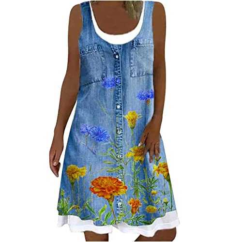 Denim Dresses for Women UK Sale Clearance Floral Printed Beach Dresses Casual U-Neck Sleeveless Swing Tank Dress Holiday Tunic Sundress Fake Two-Piece A Line Dresses for Ladies
