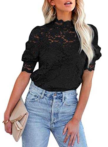 BLENCOT Womens Summer Tops Puff Short Sleeves T-Shirt Lace Mock Neck Blouses 2pcs Shirts for women with Camisole Top