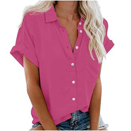 Women Casual Blouse Sale Clearance Short Sleeve Button Down Shirts Ladies Elegant Office Work Blouses Solid Color T-Shirt Loose Fit Tunic Tops Turn-Down Collar Blouse
