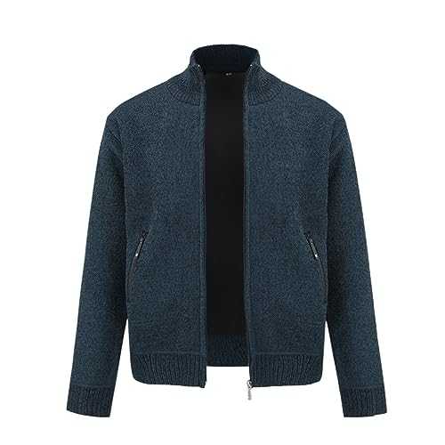 Sliktaa Mens Knitted Cardigan Stand Collar Full Zip Sweater Jumper Fleece Lined Solid Colour Winter Cardigans