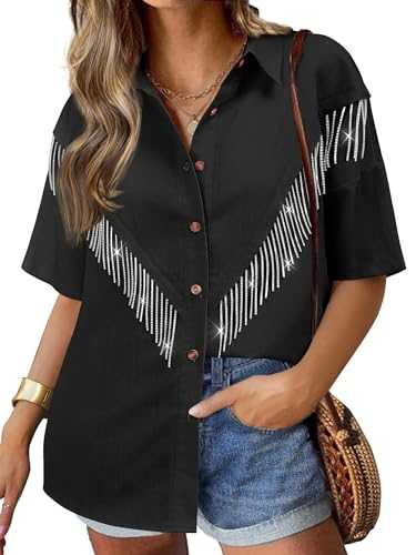 WIEIYM Blouse Women's Short Sleeve Sequin Top Women's Summer Glitter Fringe Buttons Concert Outfits T-Shirt Women's T-Shirts College Party Tops T Shirts S-XXL